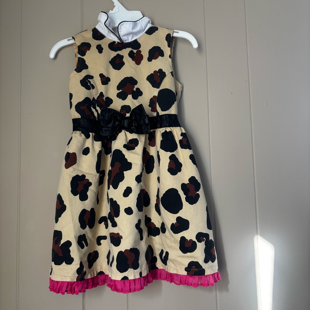 Harajuku Mini—Leopard Print Girls' Dress with Black Bow and Pink Trim. Size XS